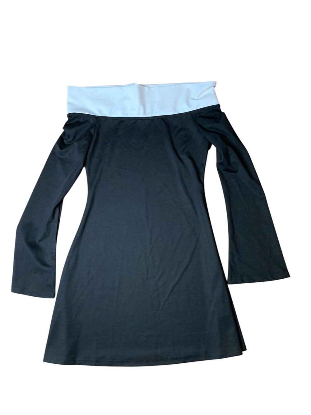 COMMENSE Contrast Foldover Off The Shoulder Long Sleeve Mini Dress Black White M
